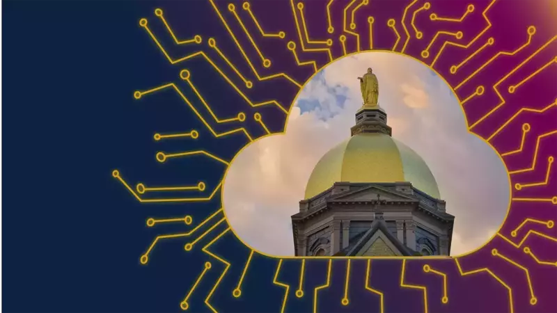 Notre Dame's Golden Dome and Mary statue are framed in a cloud, surrounded by yellow circuit patterns on a blue-purple background.